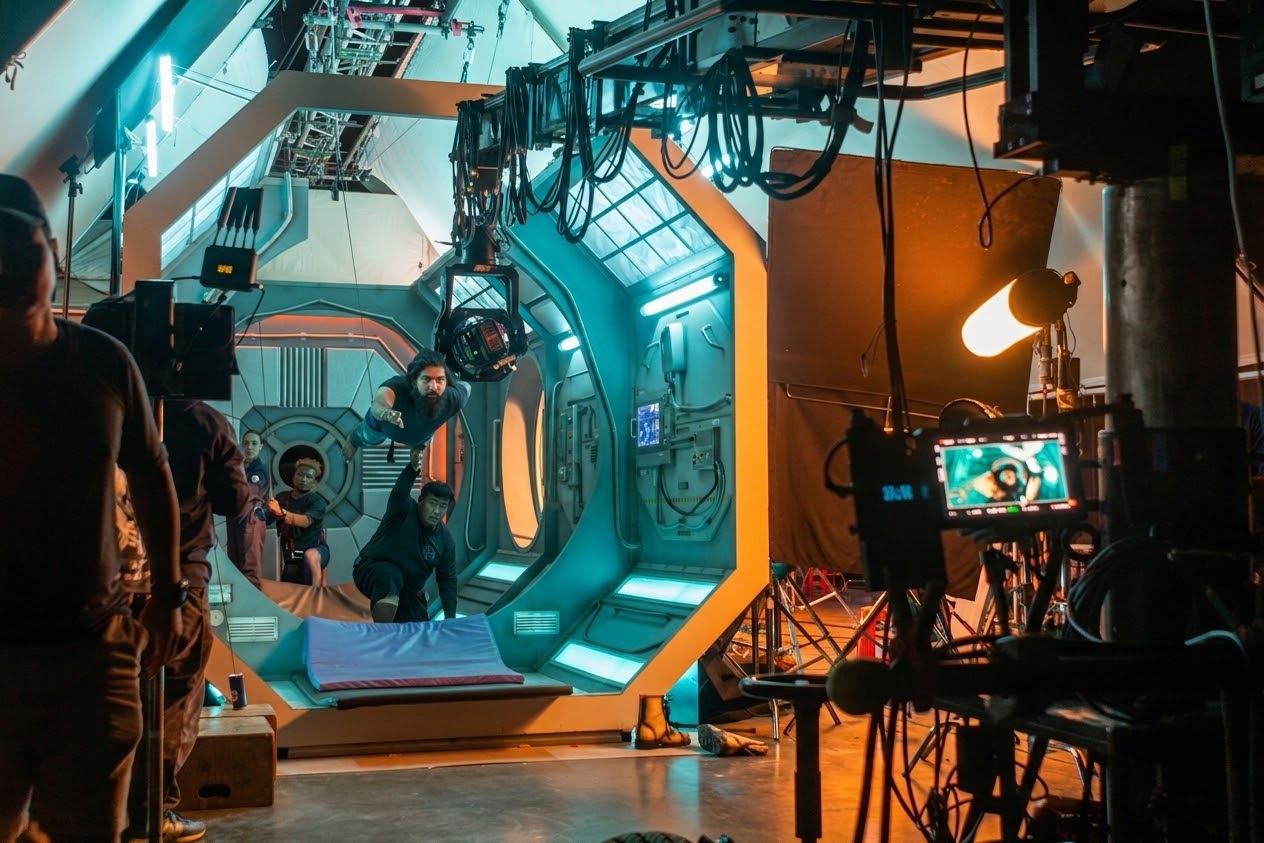 Spaceship set under teal and orange production lighting