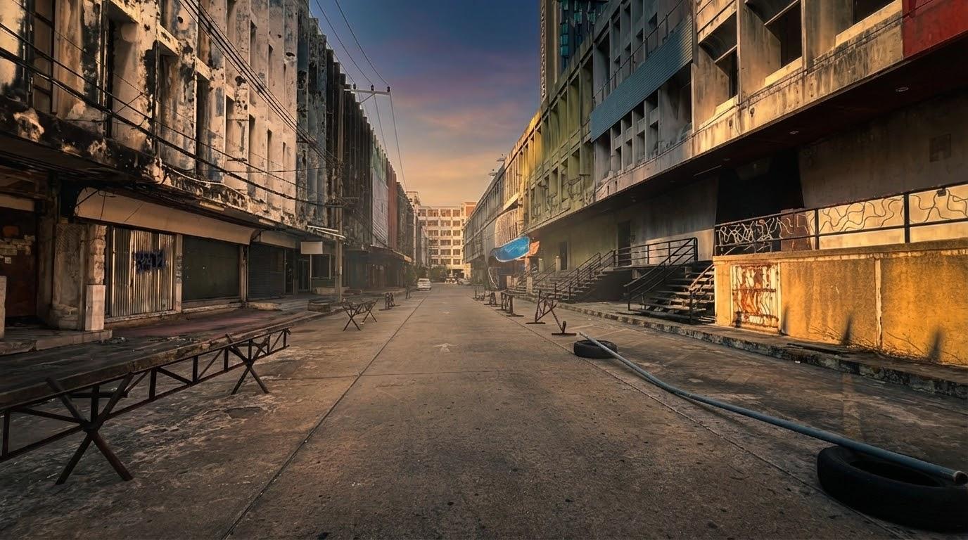 Derelict urban street that doubles for a post-apocalyptic city