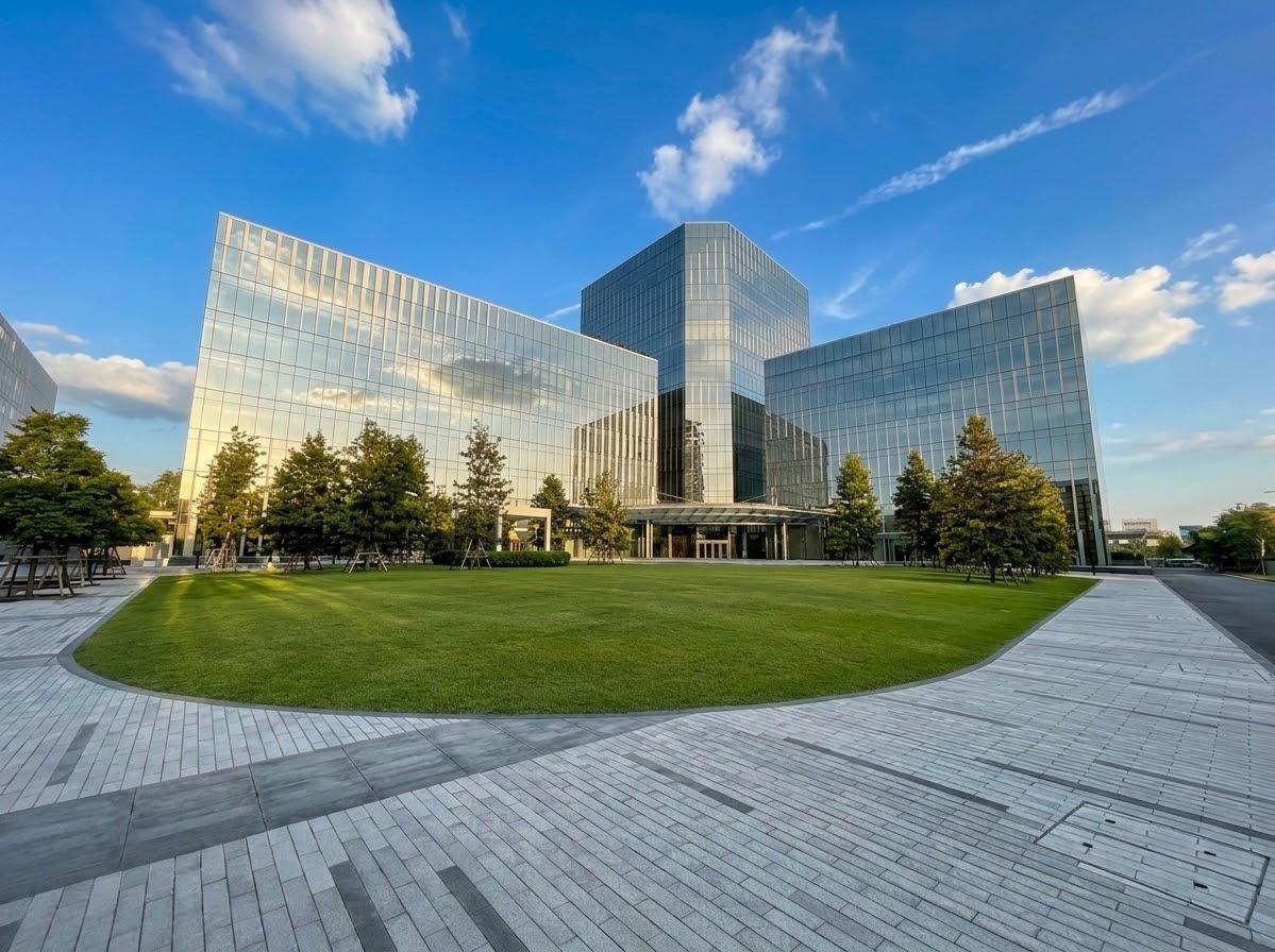 Modern glass towers over a manicured lawn