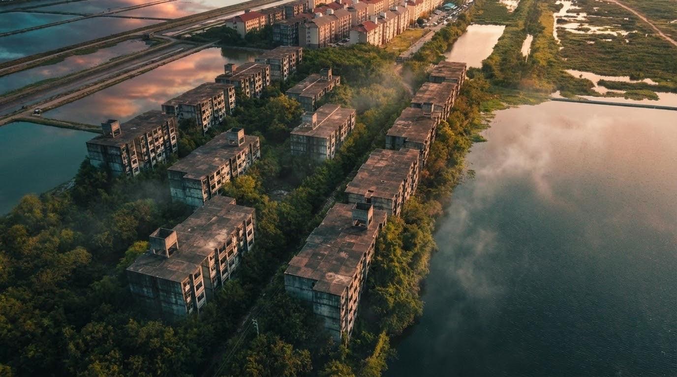 Hillside resort terraces at dusk