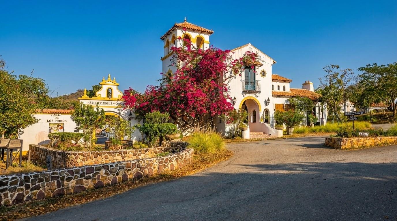 Mediterranean-style villa with bougainvillea