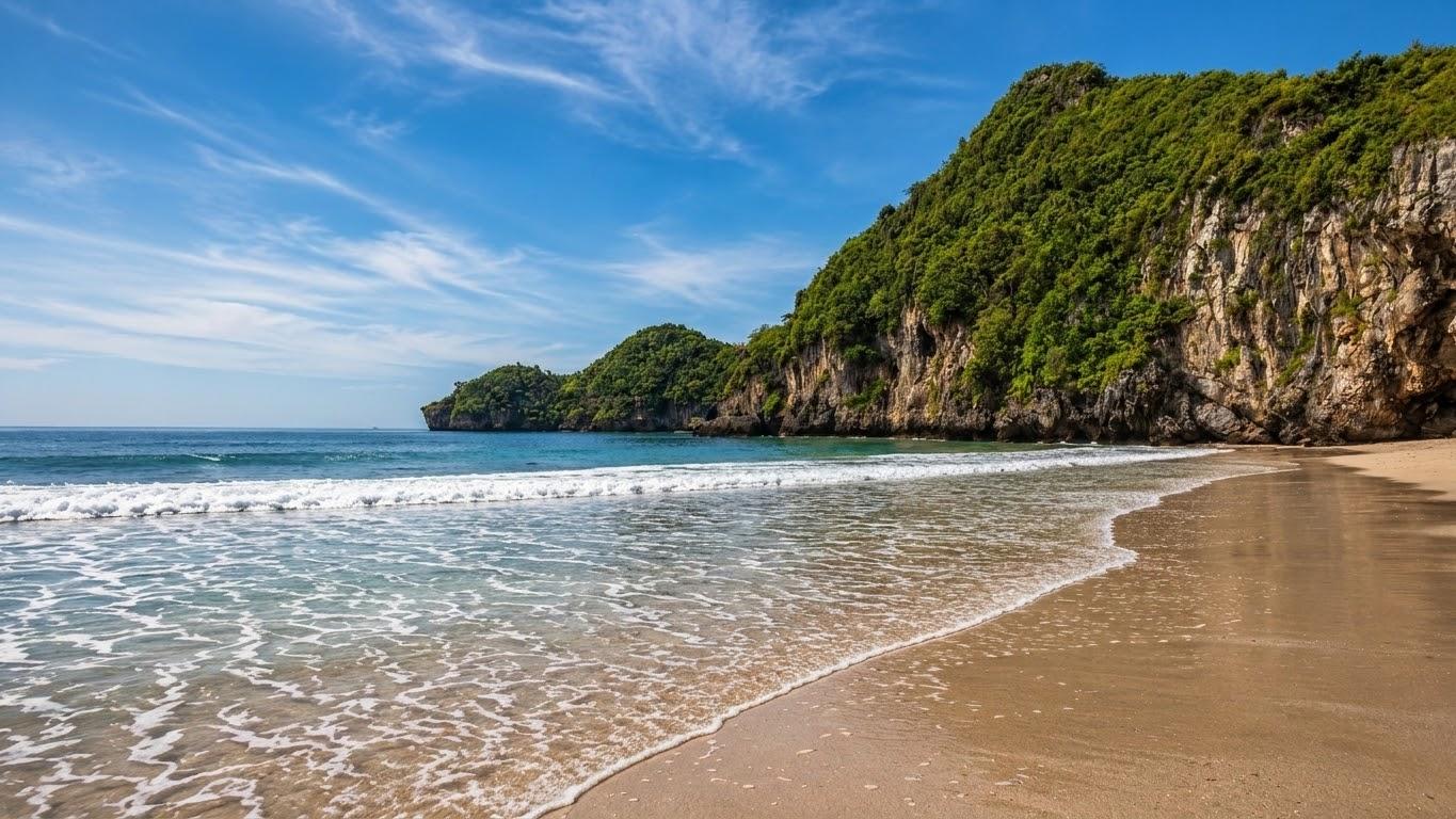 White-sand beach cove beneath karst cliffs