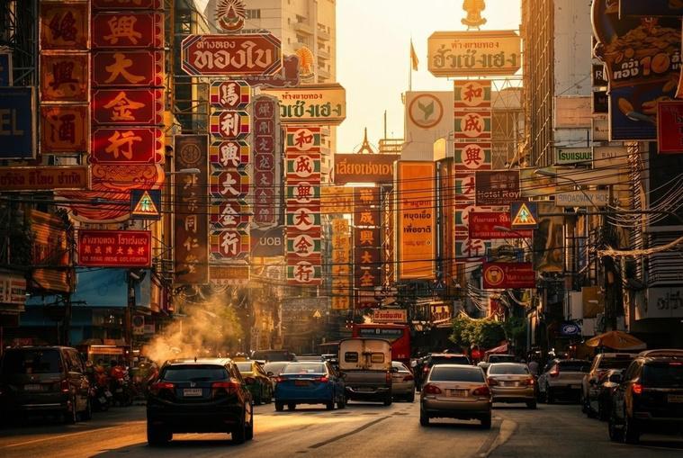 Chinatown traffic in golden-hour light