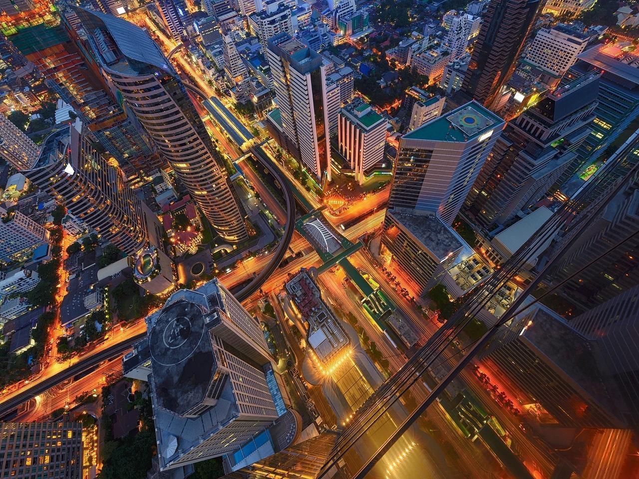 Aerial view of a highway interchange at night
