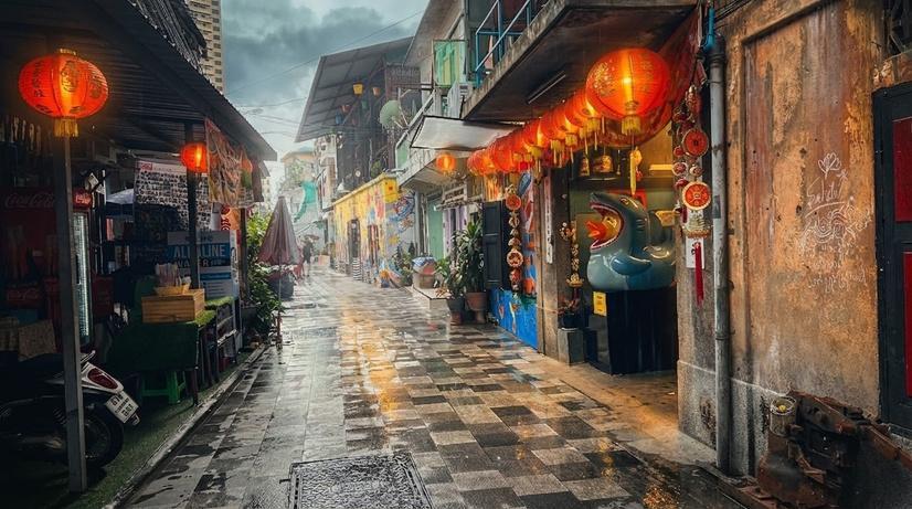 Rainy lantern-lit alley