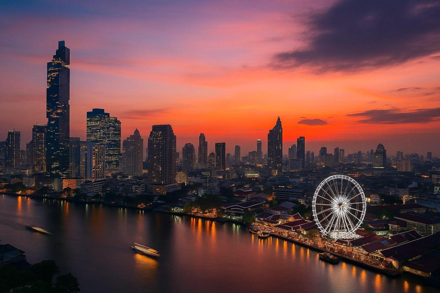River skyline with ferris wheel at sunset