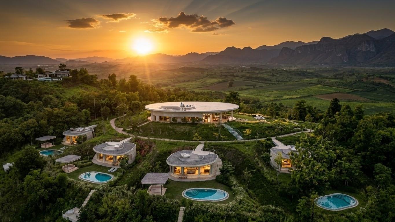 Resort pools under mountains at sunset