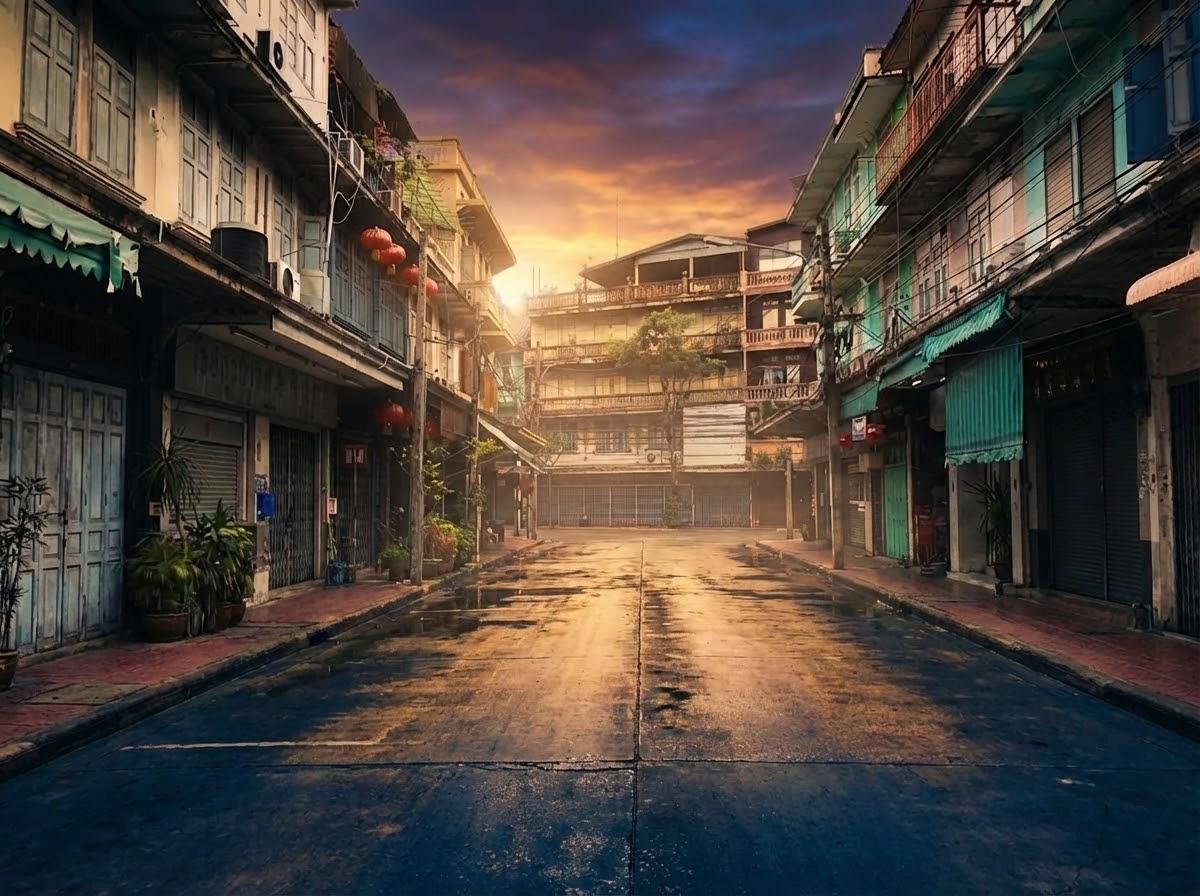 Old shophouse alley at dusk