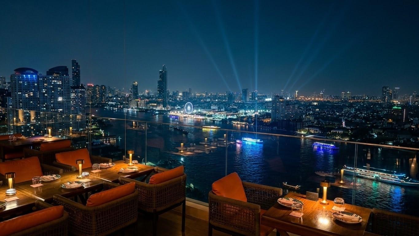 Night skyline from a rooftop bar